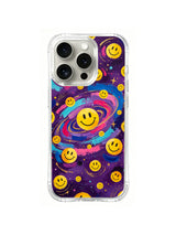 Colorful Memory Galaxy: Many small yellow smiley faces orbit a larger ringed smile across a purple galaxy.