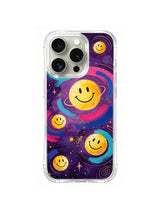Golden Orbit Smiles: Three large yellow smiley faces with pink and turquoise rings float over a purple star field.