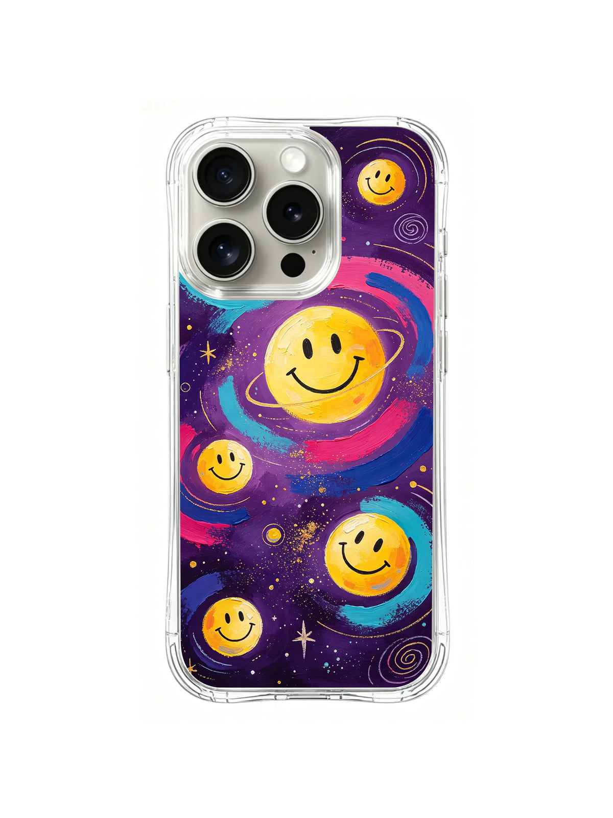 Golden Orbit Smiles: Three large yellow smiley faces with pink and turquoise rings float over a purple star field.