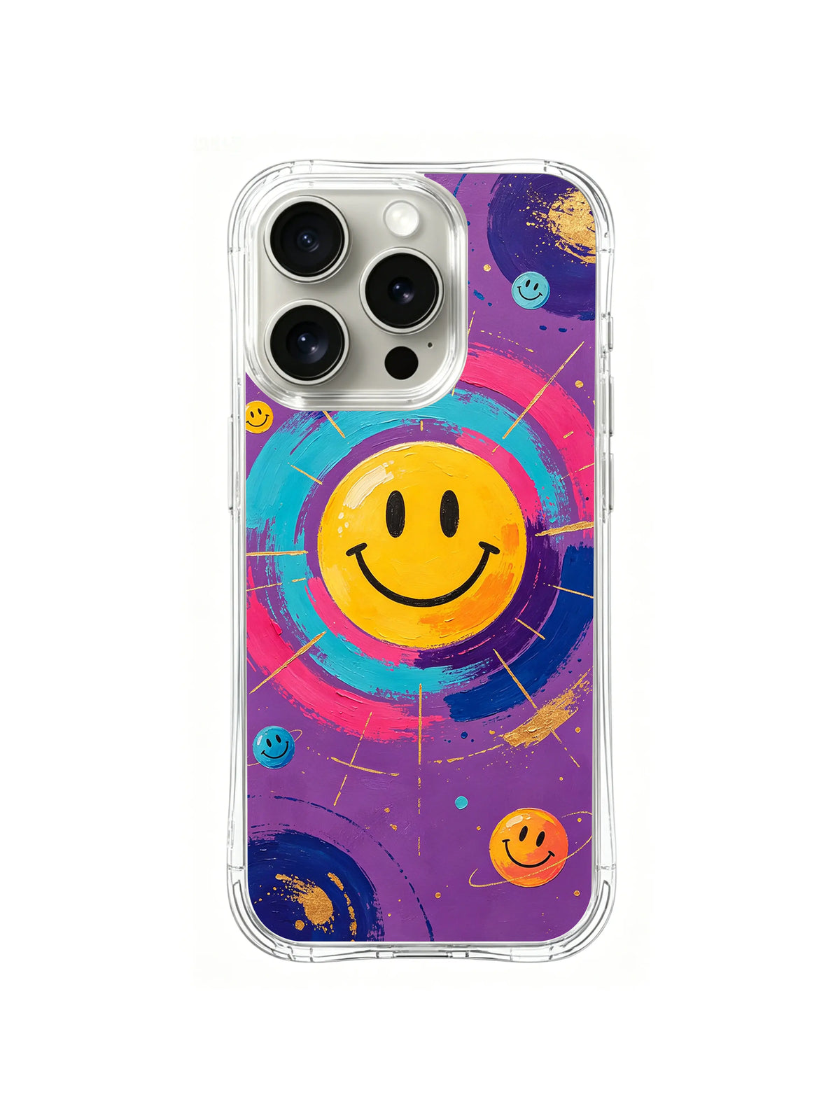 Radiant Emotion Sun: One large yellow smile is framed by concentric pink, orange and turquoise rings on purple.