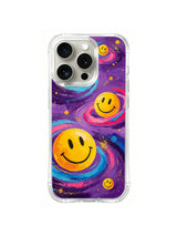 Joy Planet Drift: Two large yellow smiley planets with turquoise and pink rings drift through purple space.
