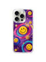 Magenta Hope Orbits: Three yellow smiley faces sit in magenta and turquoise orbits among gold marks on purple.