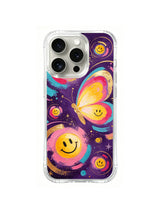 Cosmic Joy Butterfly: A yellow and orange butterfly flies beside large and small ringed smiley faces in purple space.