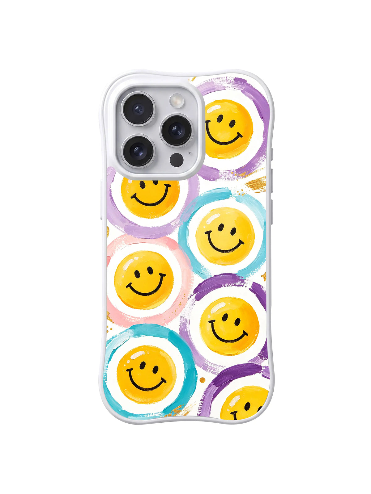 Pastel Smile Rings: Large yellow smiley faces sit inside lavender, turquoise and pink painted circles.