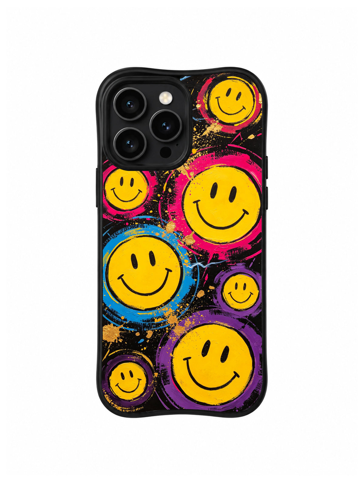 Neon Smile Crowd: Five yellow smiley faces with magenta and turquoise rings fill a black field.