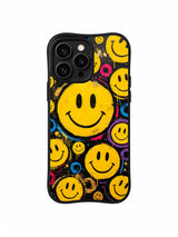 Golden Energy Faces: Large and small yellow smiley faces mix with blue, pink, orange and gold marks.