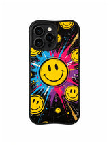 Radiant Freedom Burst: A central yellow smile radiates through turquoise and magenta lines on black.
