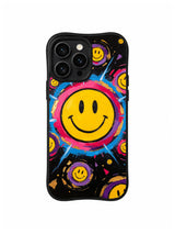Electric Joy Core: One oversized yellow smile sits inside turquoise, magenta and orange circular strokes.