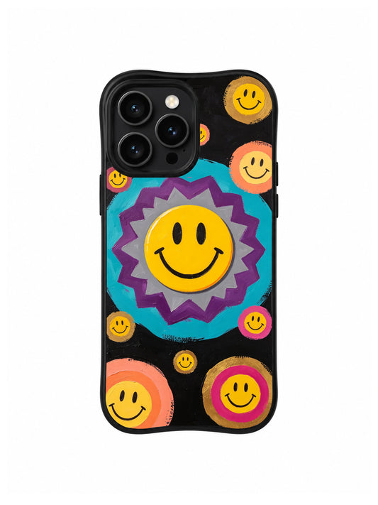 Turquoise Sun Badge: A central yellow smile sits in a purple starburst badge on turquoise with smaller faces on black.