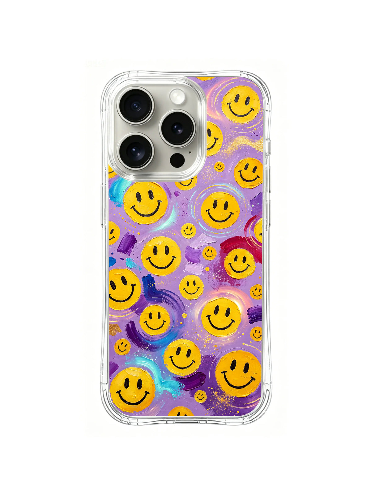 Aurora Smile Scatter: Many yellow smiley faces scatter over lavender with flowing turquoise, pink and purple color.