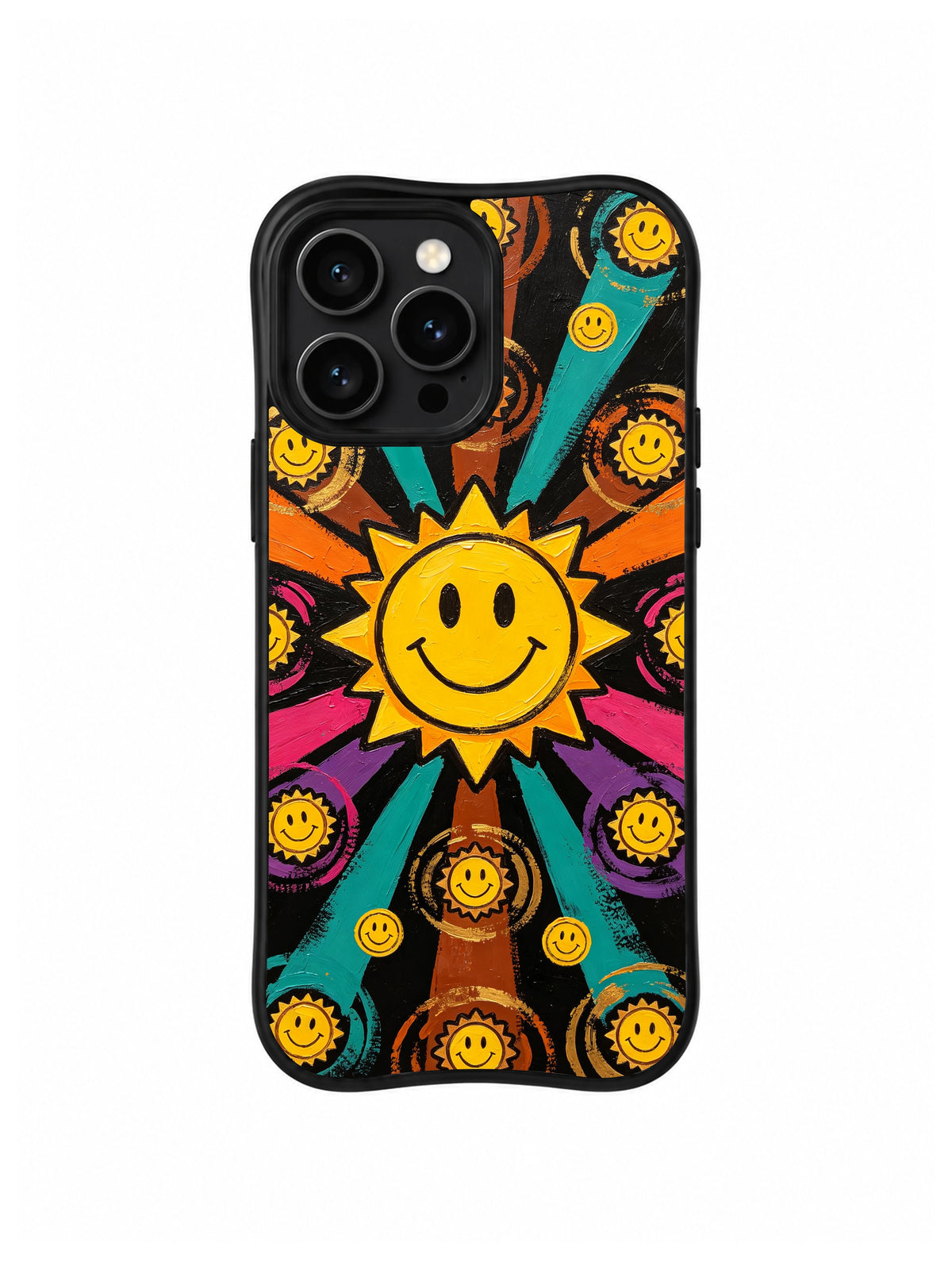 Western Sunburst Trail: A large yellow smiling sun radiates across teal, orange and pink trails on black.
