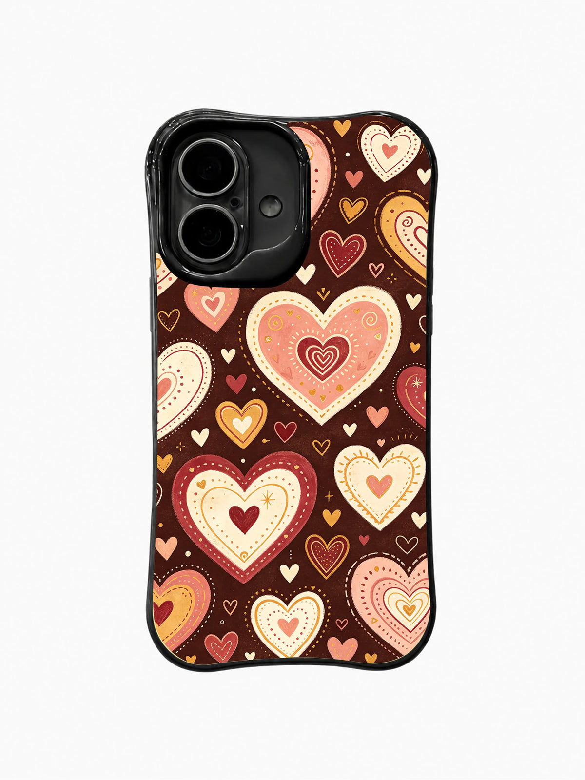 Radiant Keepsake Heart: A large layered pink and cream heart is surrounded by smaller hearts and medallions on brown.