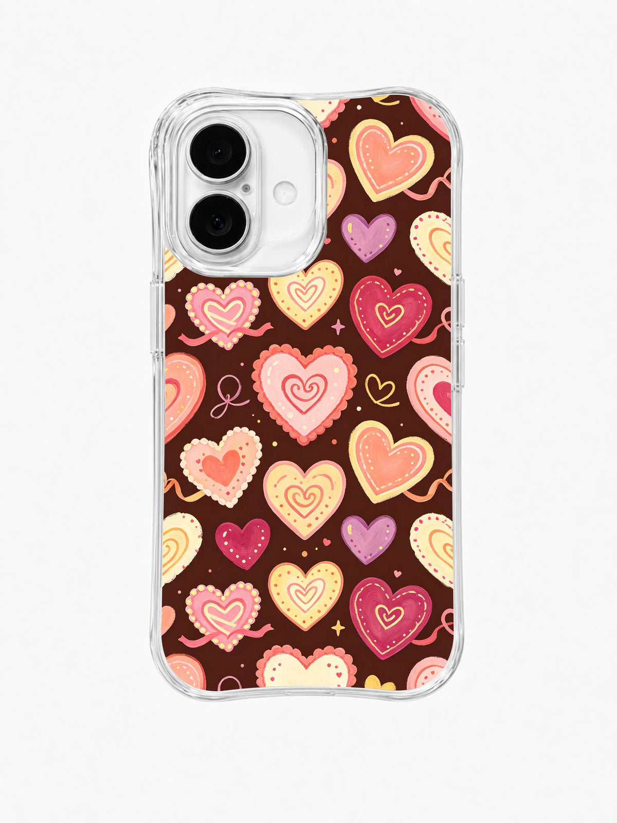 Ribboned Rose Heart March: Dense pink, cream, red and purple hearts, including ribbon-tied shapes, fill brown.