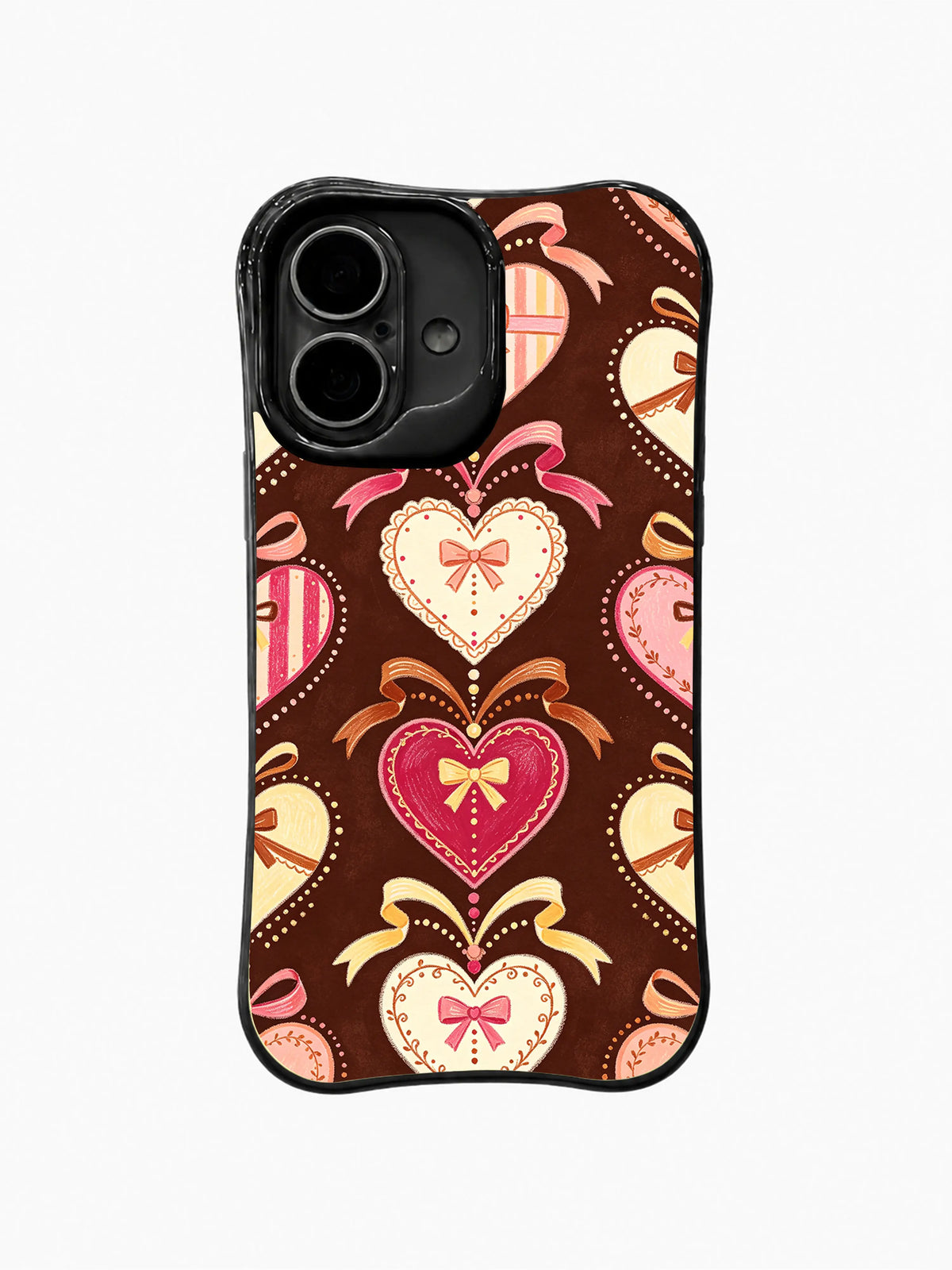 Ribbon Heart Keepsakes: Large ribbon-tied hearts in pink, cream and brown form a spaced pattern.