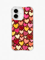 Polka Dot Heart Confetti: Pink, red, orange, yellow and cream hearts with dots and stripes fill dark brown.