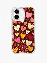 Dancing Heart Burst: Layered and patterned hearts in warm bright colors scatter with small confetti marks.