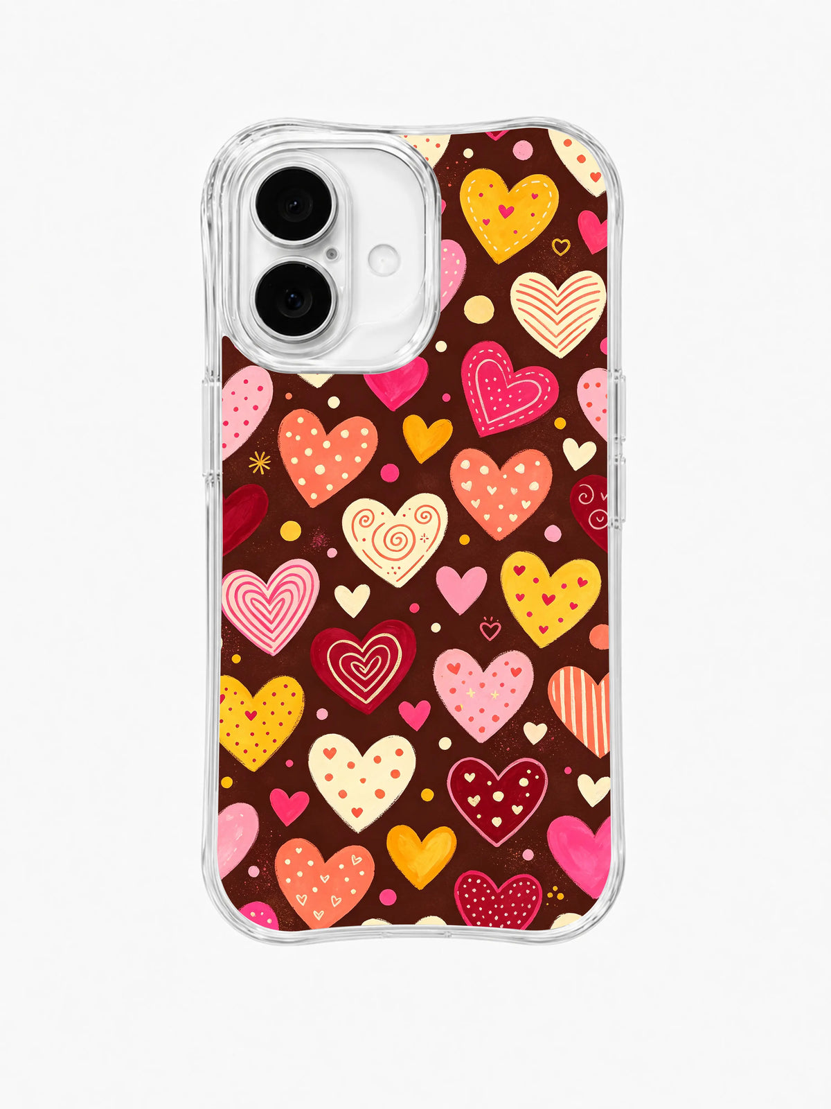 Sweetheart Confetti Parade: Rows of varied hearts in pink, coral, yellow and cream repeat on chocolate brown.