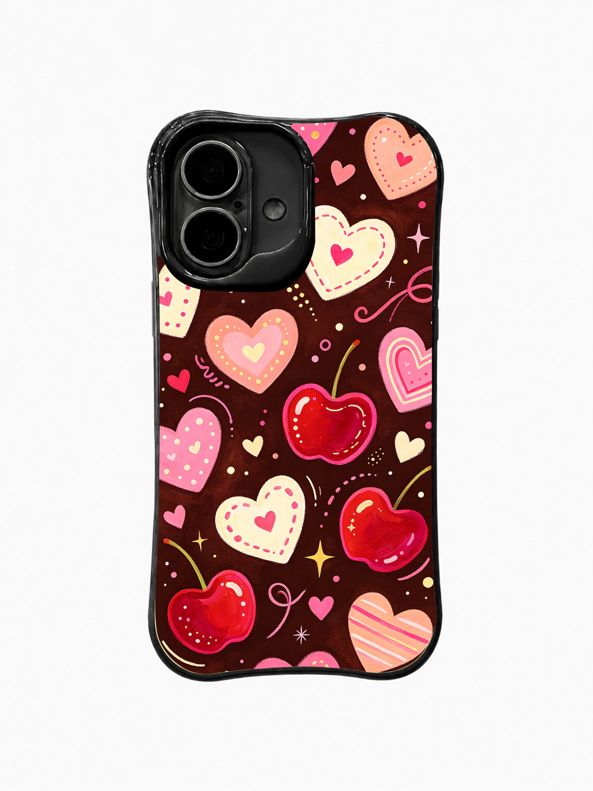 Midnight Cherry Glow: Large glossy cherries and layered hearts glow among stars on a dark field.