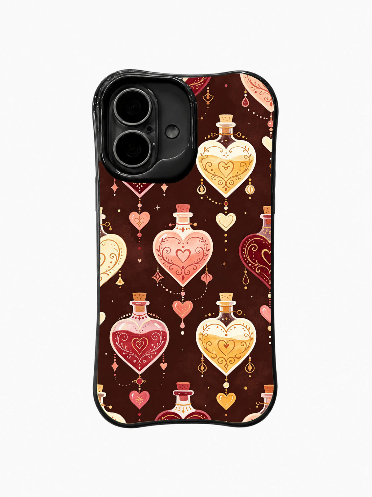 Ornate Love Elixirs: Heart-shaped potion bottles in cream, pink, red and gold hang on dark brown.