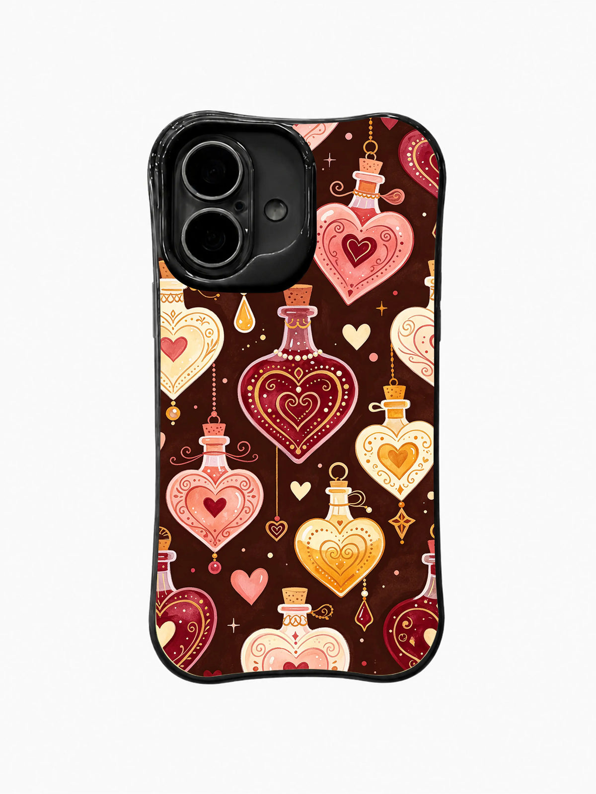 Ruby Heart Potions: Large ruby-red and pink heart bottles repeat among small hearts and fine curls.