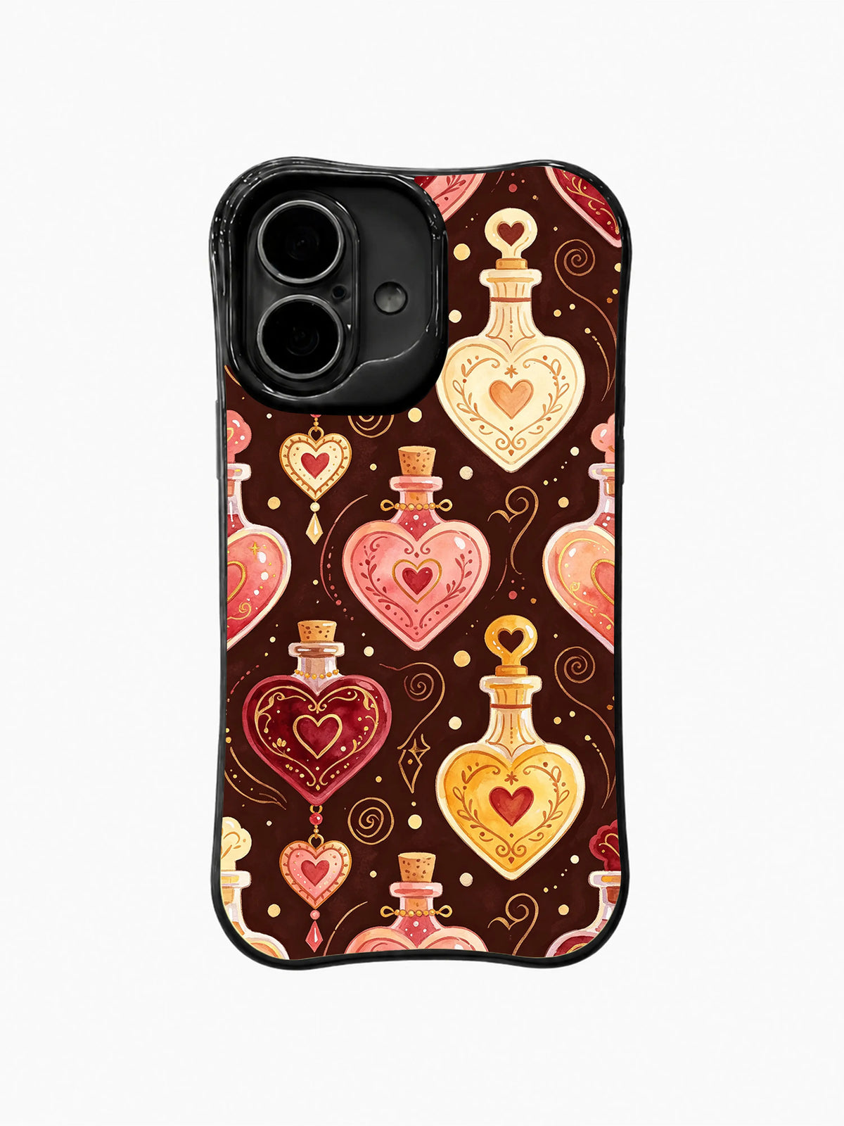 Enchanted Heart Vials: Ornate heart vessels with corks and gold necks form a spaced vertical pattern.