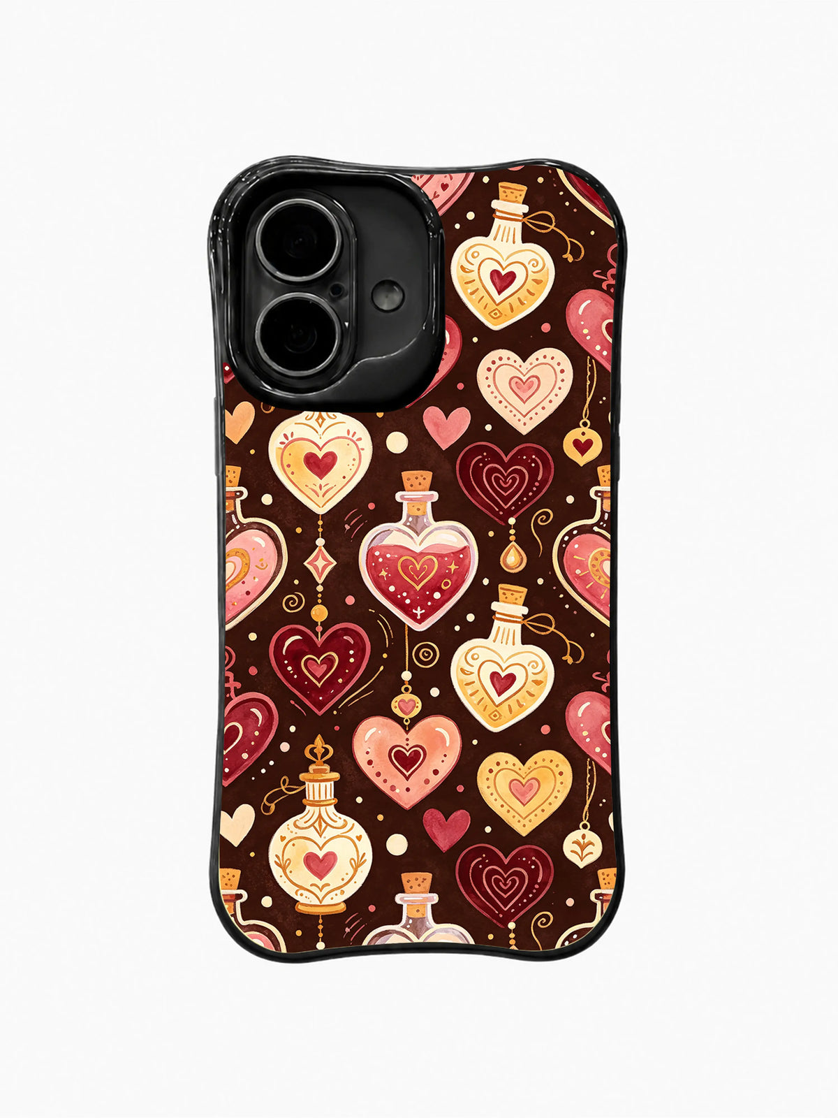Potion Charm Garden: Dense heart bottles and tiny hearts fill the brown field with keyhole and swirl details.