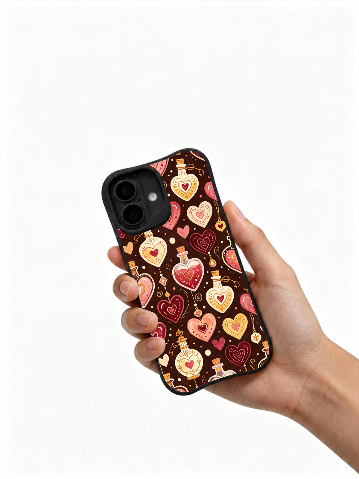 Product or handheld view of the Love Potion Heart Bottles case