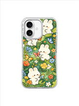Deep Forest Butterfly Bunnies: Cream bunnies sit among dense green leaves, colorful flowers and butterflies.