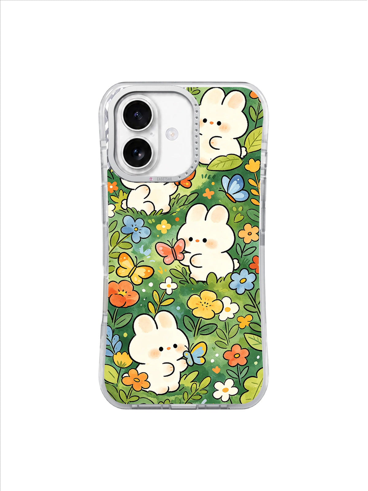Deep Forest Butterfly Bunnies: Cream bunnies sit among dense green leaves, colorful flowers and butterflies.