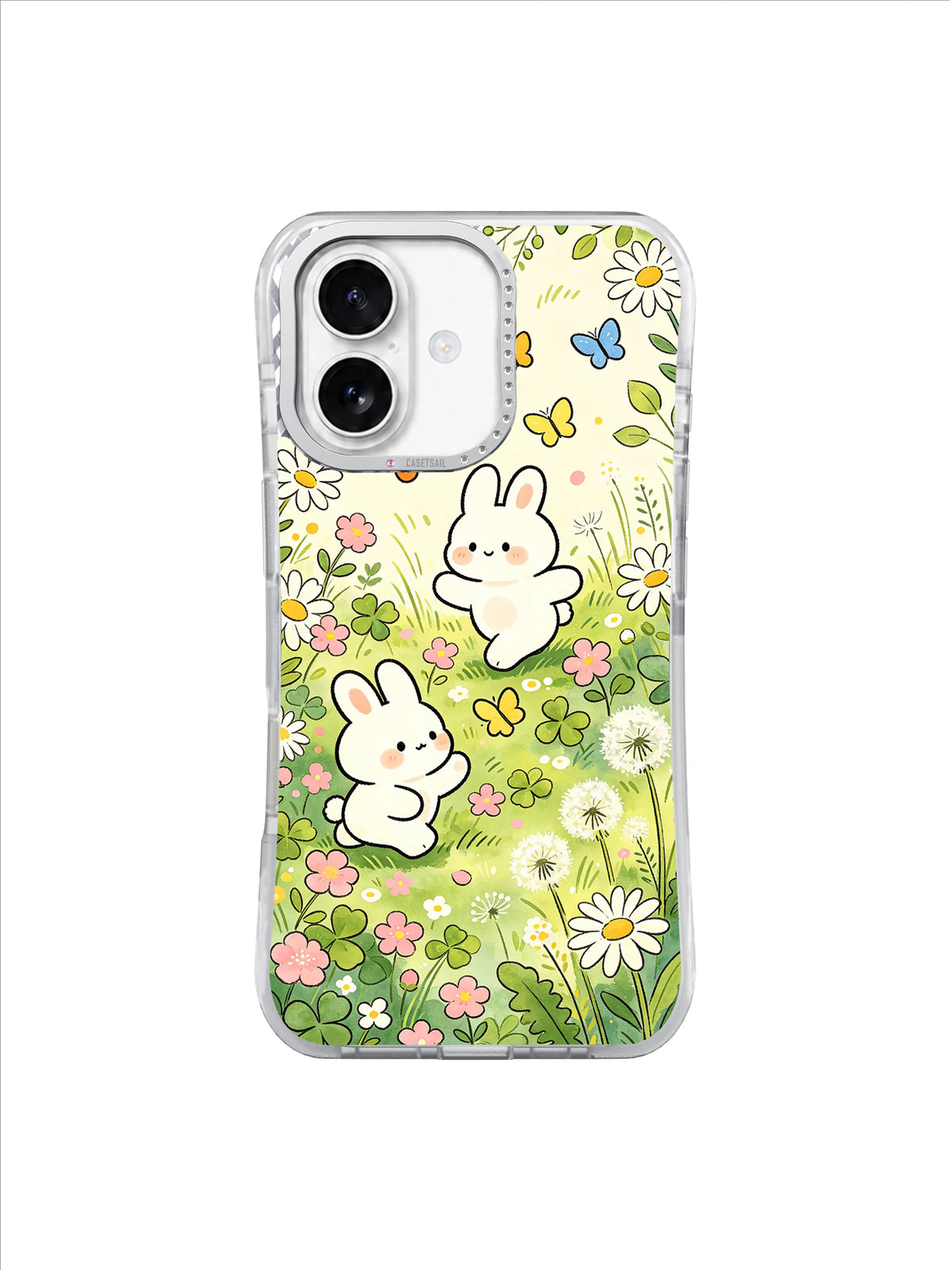 Dandelion Butterfly Meadow: Bunnies play in a pale green meadow with daisies, dandelions and butterflies.