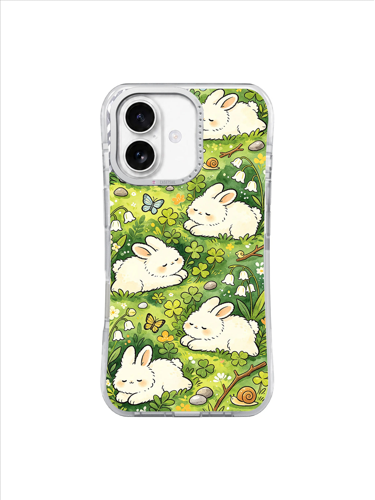Clover Nap Bunny Grove: Sleeping bunnies rest in dense clover with flowers, logs and a small snail.