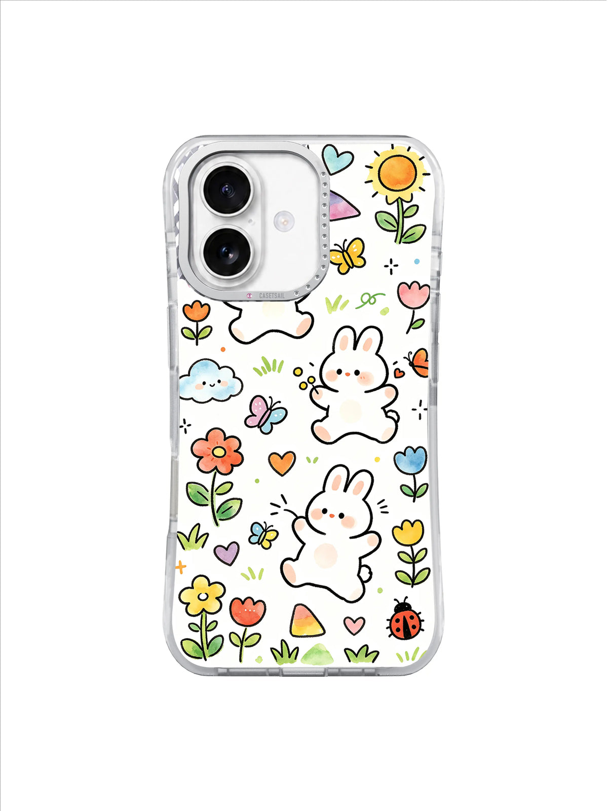 Sunny Butterfly Bunny Play: Dancing bunnies, butterflies, hearts and bright flowers scatter across white.