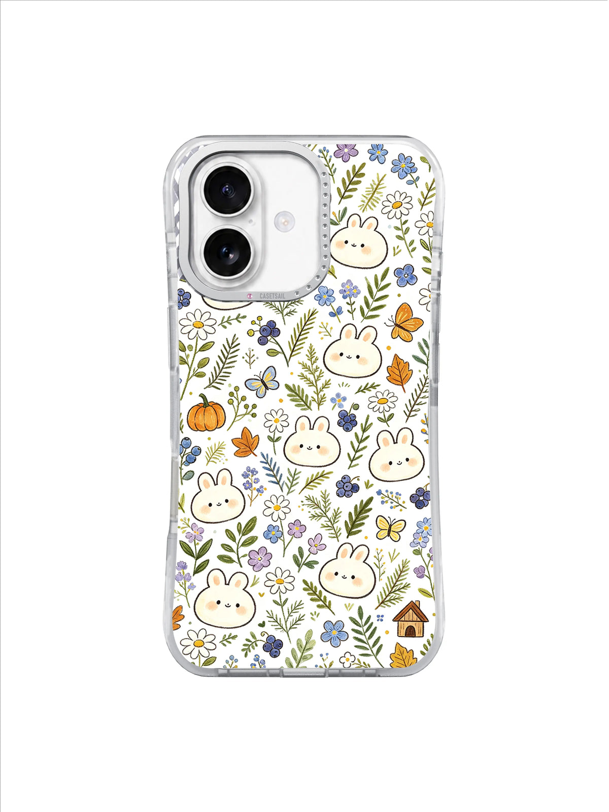 Blueberry Autumn Bunny Garden: Tiny bunny faces, blueberries, pumpkins, leaves and flowers form an autumn garden.