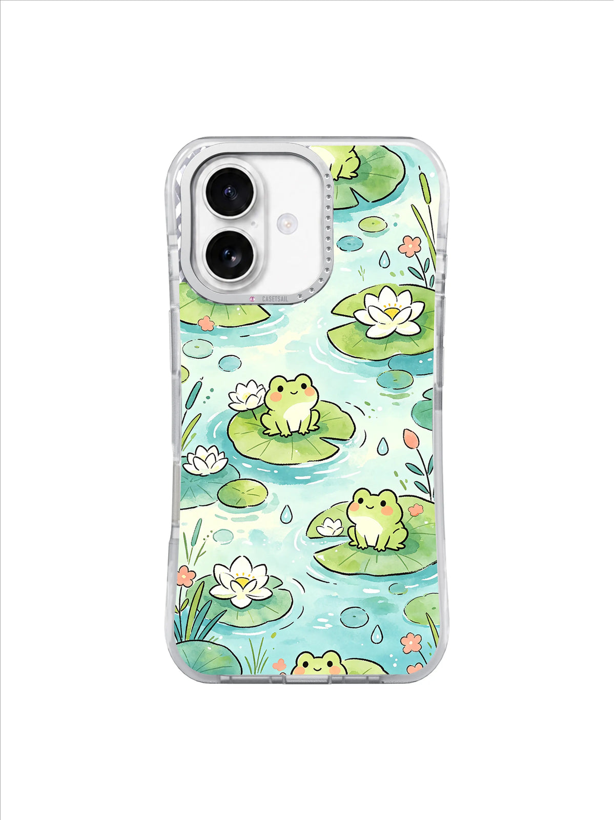 Watercolor Lotus Frogs: Yumuşak yeşil kurbağalar beyaz lotus çiçekleri ve dalgalanan mavi su arasında nilüfer yapraklarında dinlenir.