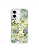 Lavender Clover Bear Meadow: Small cream bears rest in a pale meadow filled with lavender, clover and daisies.