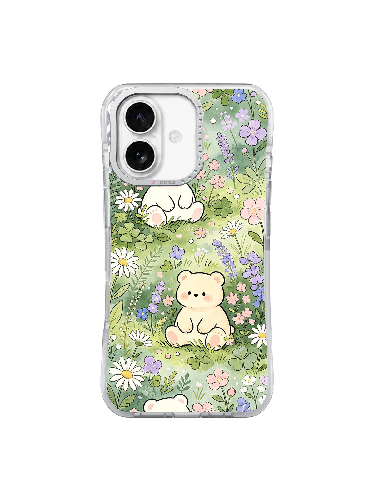 Lavender Clover Bear Meadow: Small cream bears rest in a pale meadow filled with lavender, clover and daisies.