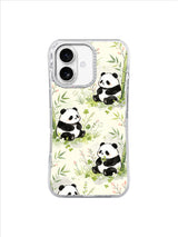 Clover Bamboo Panda Meadow: Small pandas sit among pale bamboo stems, clover and soft green grasses.