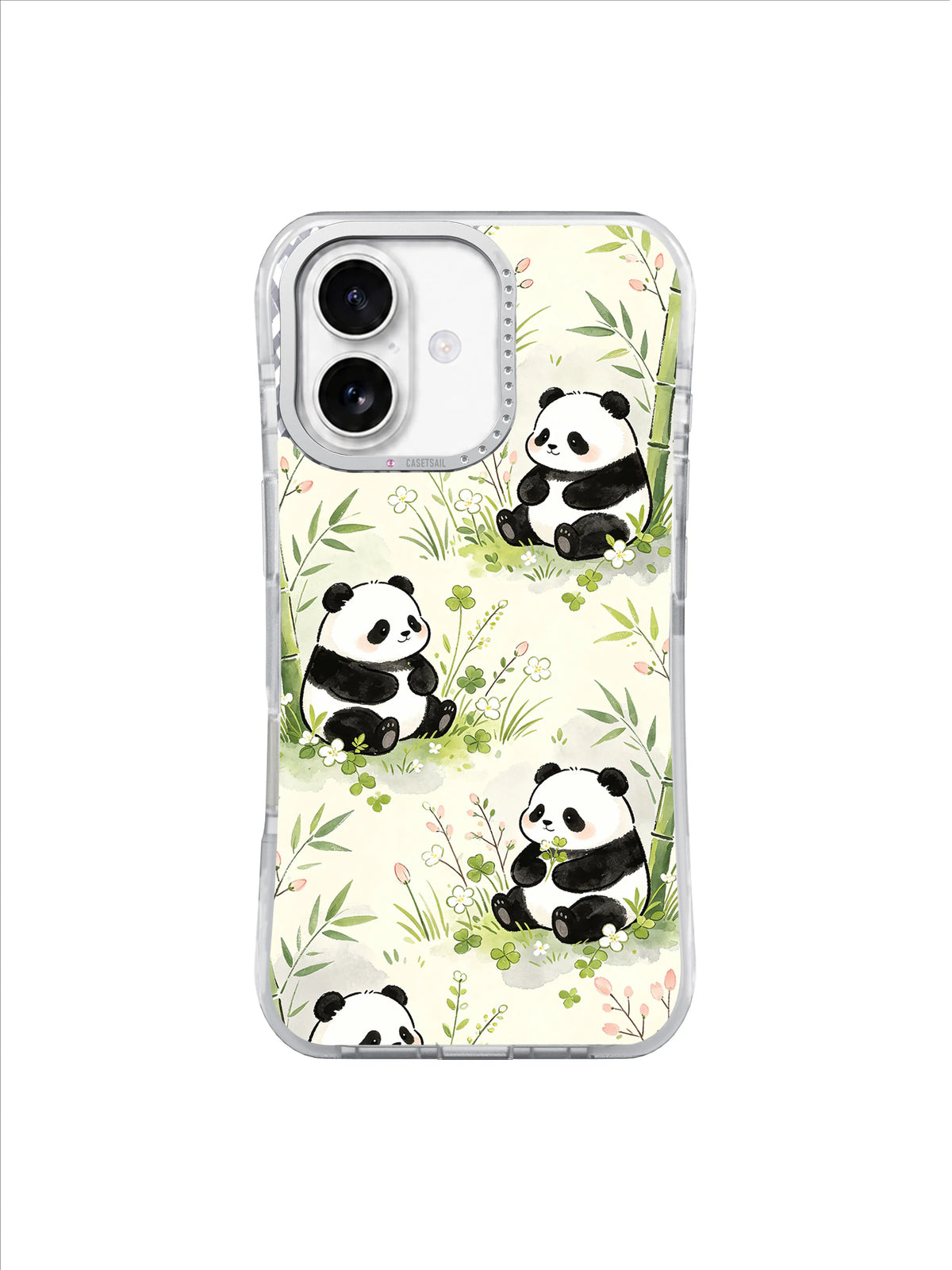 Clover Bamboo Panda Meadow: Small pandas sit among pale bamboo stems, clover and soft green grasses.