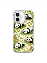 Sleepy Bamboo Panda Grove: Resting pandas lie among dense bamboo, leaves, mushrooms and woodland details.
