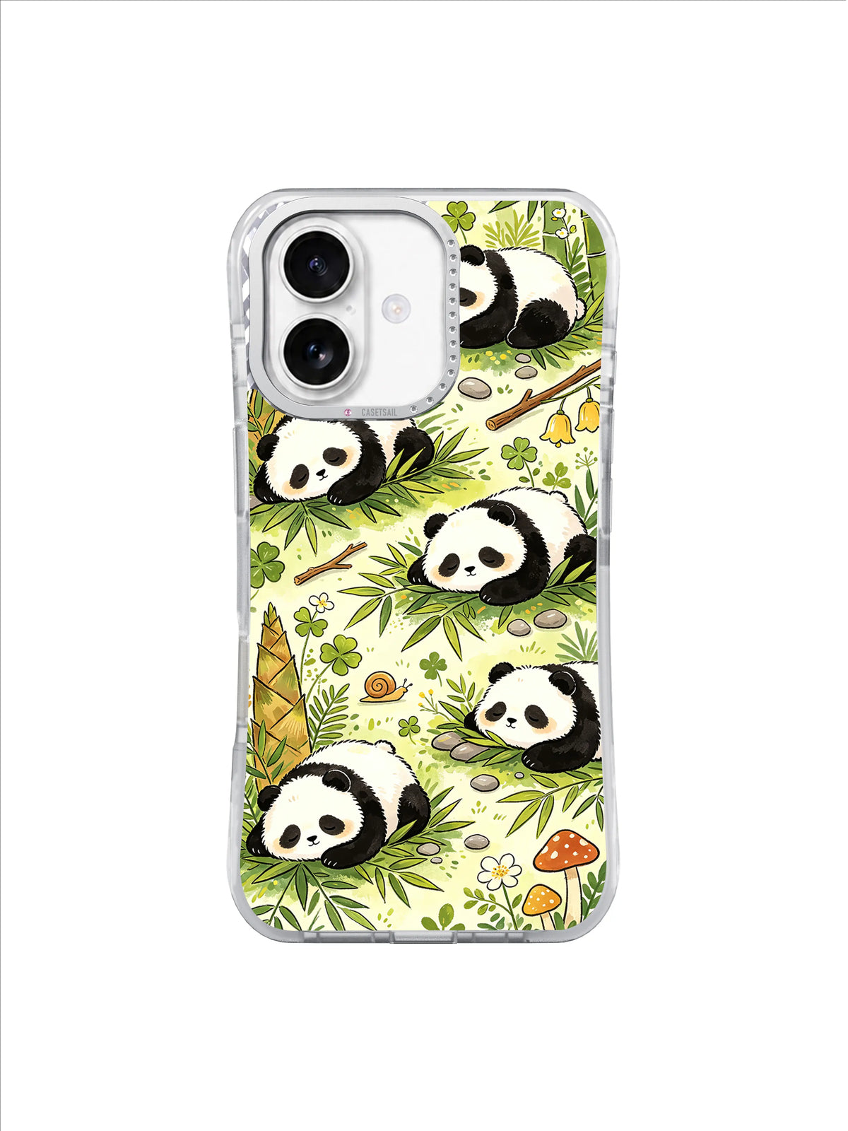 Sleepy Bamboo Panda Grove: Resting pandas lie among dense bamboo, leaves, mushrooms and woodland details.