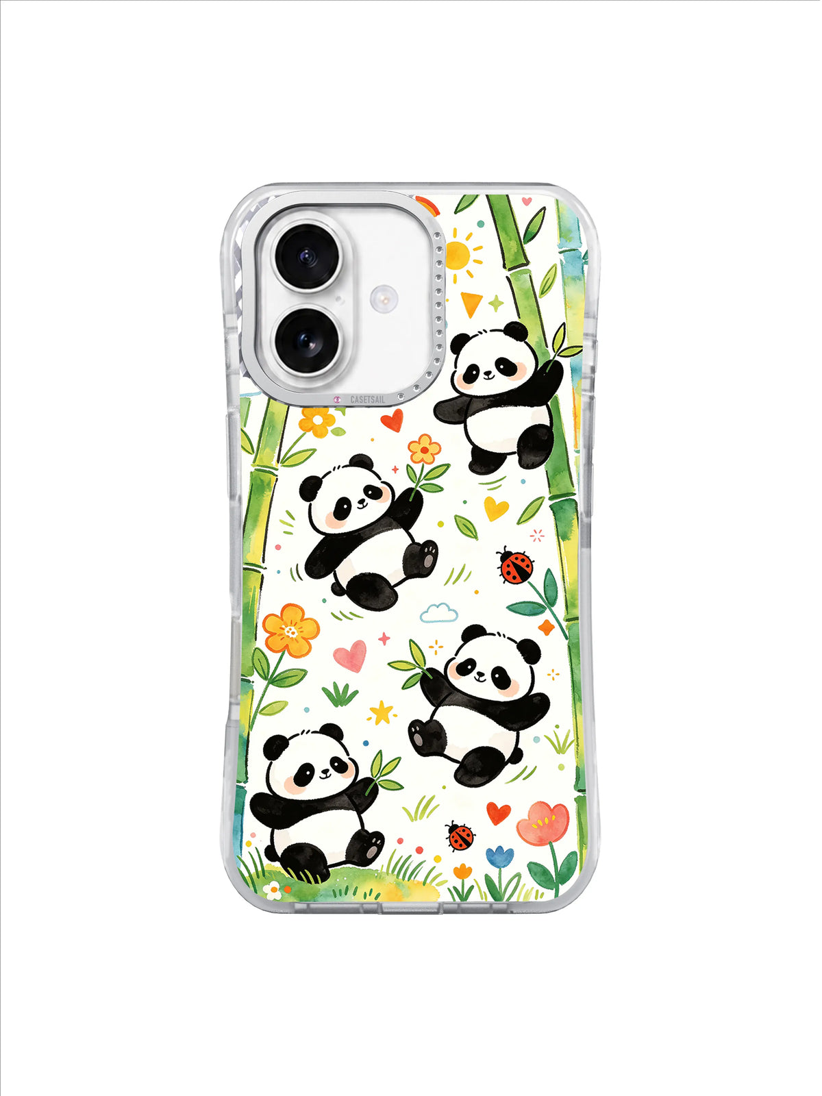 Rainbow Panda Garden Play: Playful pandas, bamboo stalks, bright flowers and small stars scatter across white.