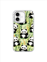 Quiet Bamboo Panda Forest: Round pandas repeat among tall bamboo stems, leafy sprigs and warm yellow grasses.