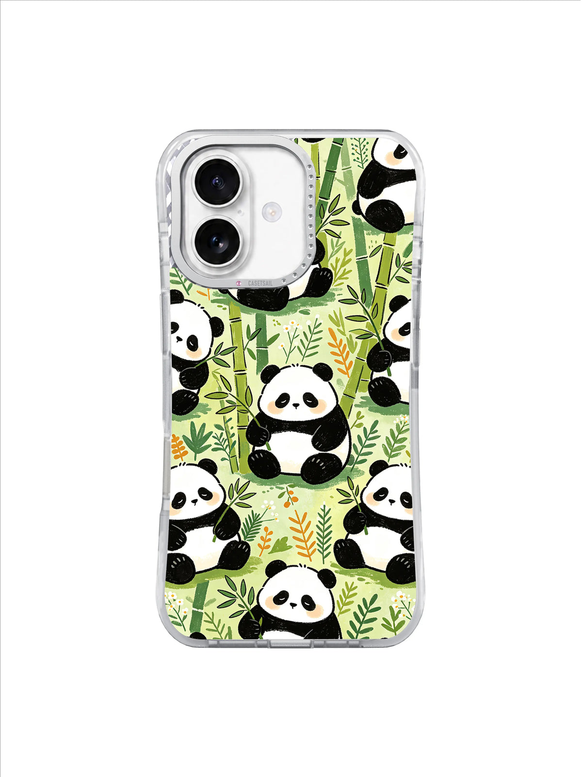 Quiet Bamboo Panda Forest: Round pandas repeat among tall bamboo stems, leafy sprigs and warm yellow grasses.