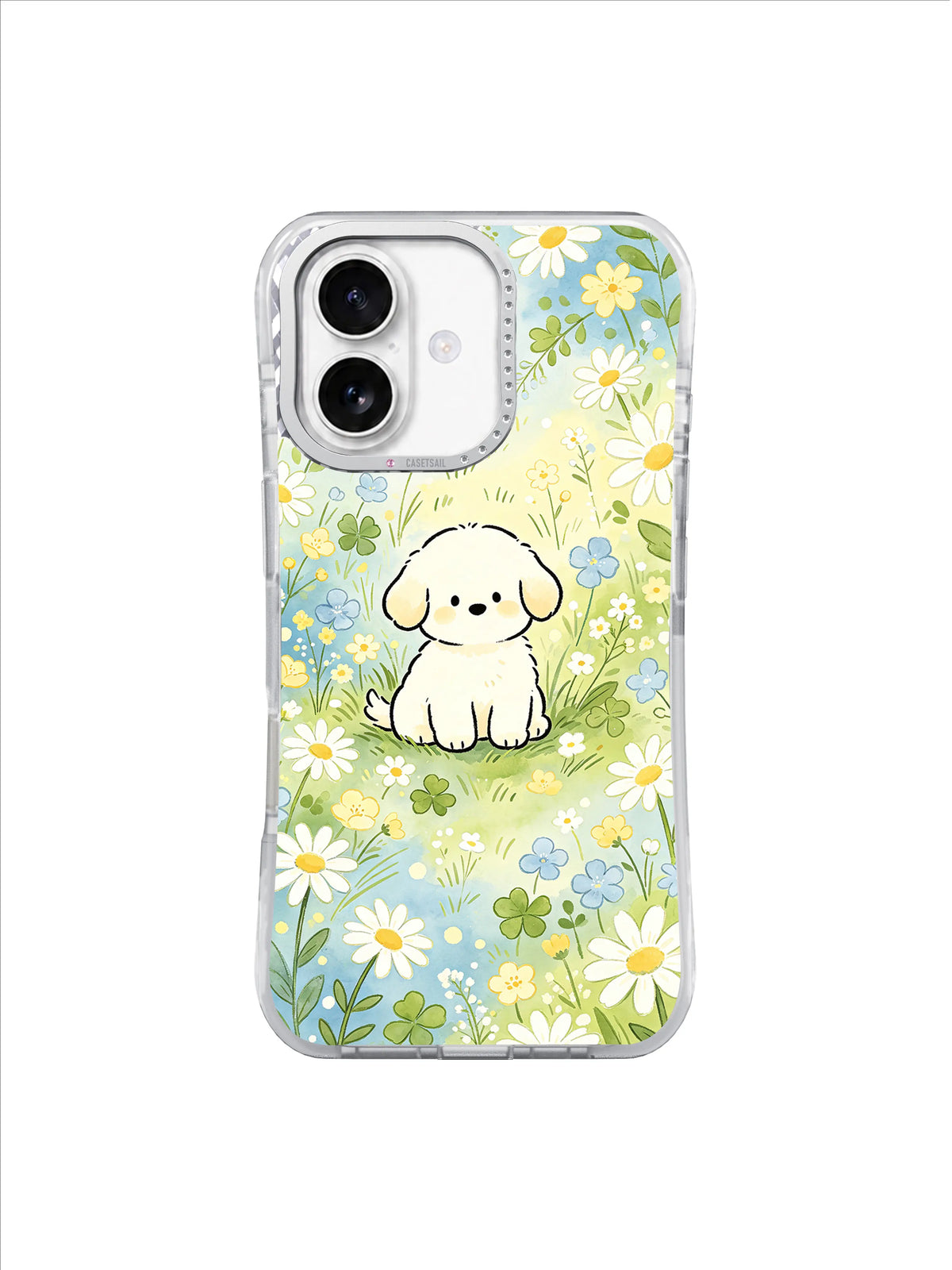 Pastel Daisy Puppy Meadow: Tüylü krem bir yavru köpek açık mavi ve sarı papatya tarlasında oturur.