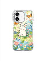 Watercolor Butterfly Bunny Meadow: One cream bunny sits among pastel flowers, green leaves and orange and blue butterflies.