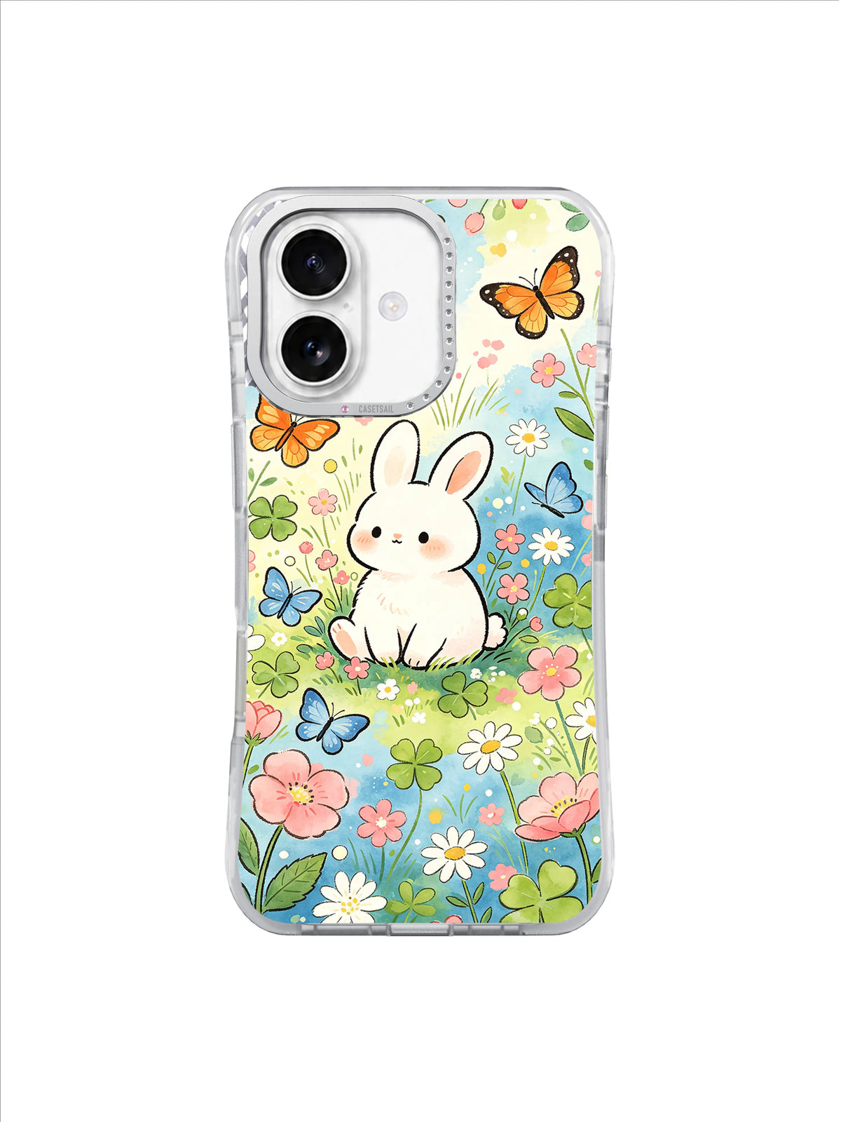 Watercolor Butterfly Bunny Meadow: One cream bunny sits among pastel flowers, green leaves and orange and blue butterflies.