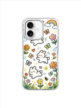 Rainbow Chase Bunny Garden: Leaping bunnies chase butterflies among bright flowers, clouds and a small rainbow.