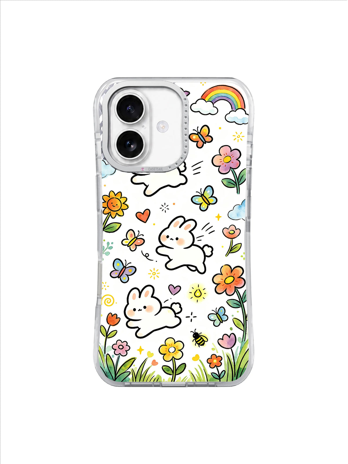Rainbow Chase Bunny Garden: Leaping bunnies chase butterflies among bright flowers, clouds and a small rainbow.