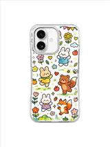 Dancing Woodland Friends: A rabbit, fox and bears dance among bright flowers, gifts, hearts and party bunting.