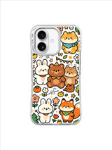 Forest Friends Celebration: Round rabbits, bears, cats and foxes fill a bright party pattern with flowers and fruit.
